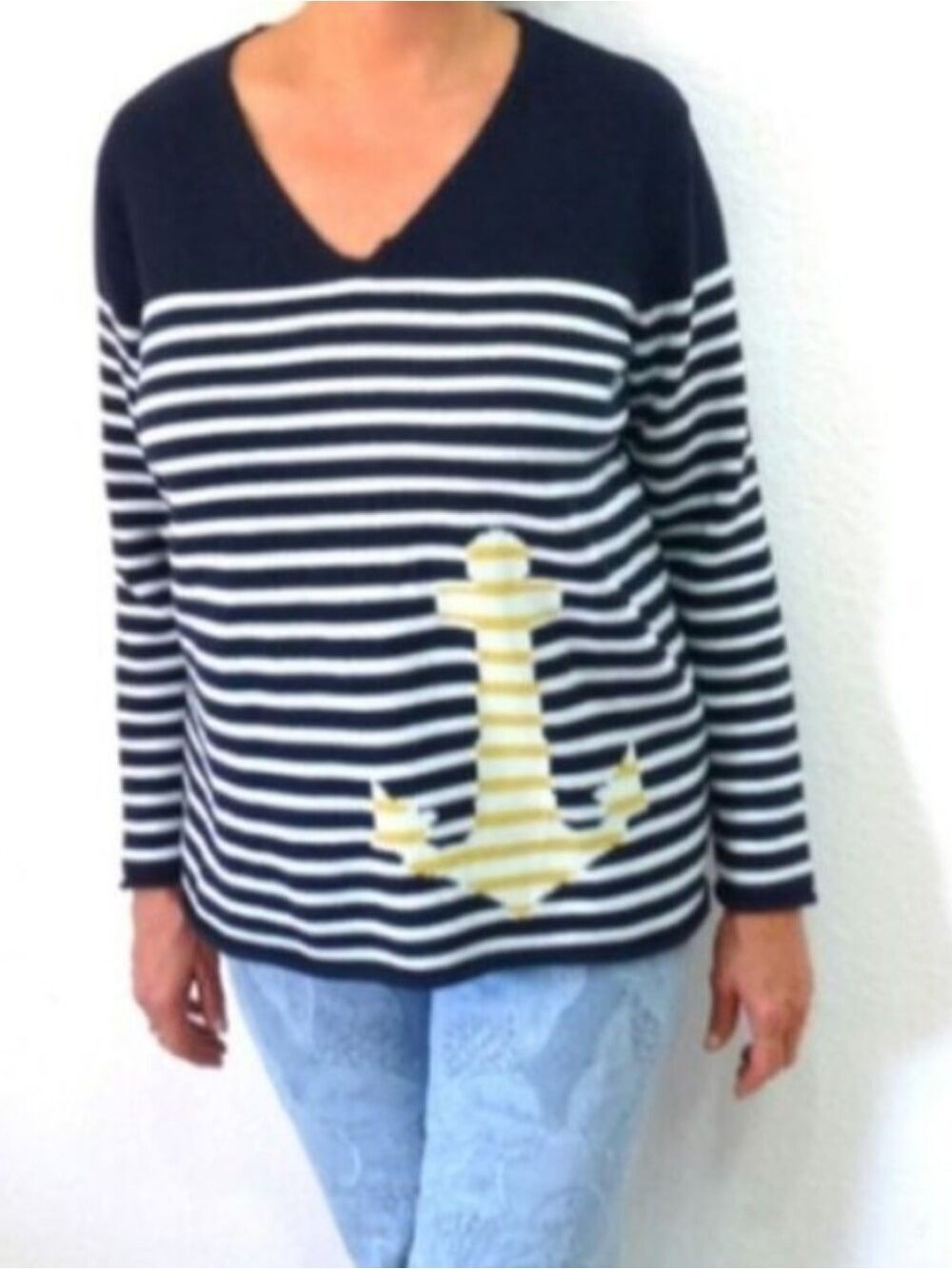 Norton Studio Navy and White Striped Anchor Nautical Cotton Sweater Size 1X